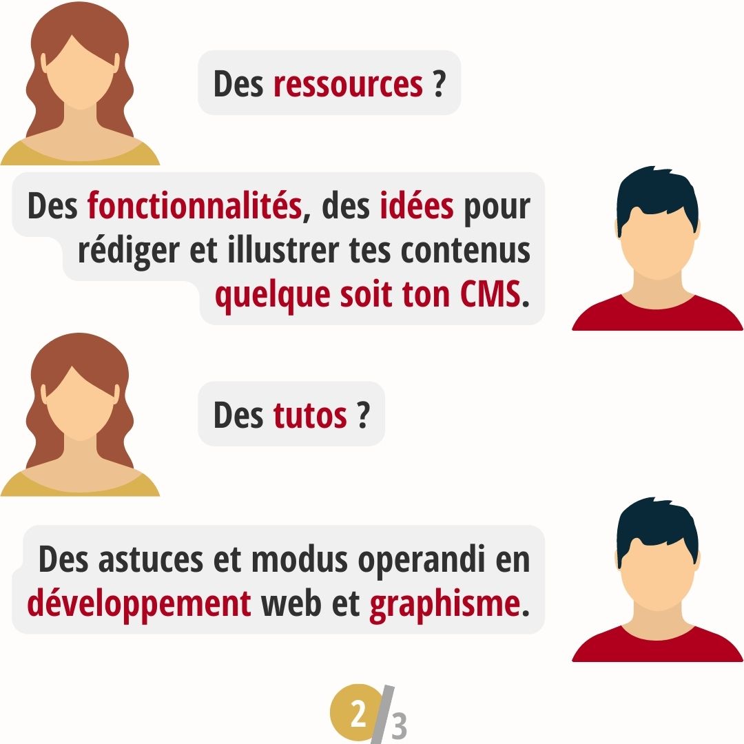 Les ressources comprennent des fonctionnalités et des idées pour rédiger et illustrer tes contenus. Les tutos portent sur le développement web et le graphisme.