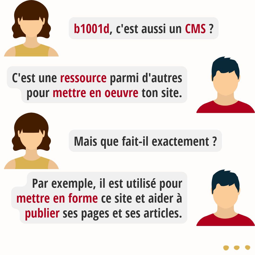 b1001d est aussi un CMS pour mettre en oeuvre et mettre en forme ton site tout en publiant pages et articles.